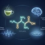 L-テアニンの分子構造と緑茶・脳・睡眠波形を示す科学的イラスト