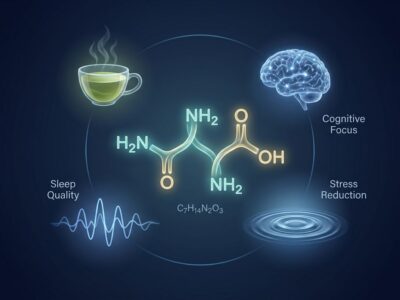 L-テアニンの分子構造と緑茶・脳・睡眠波形を示す科学的イラスト
